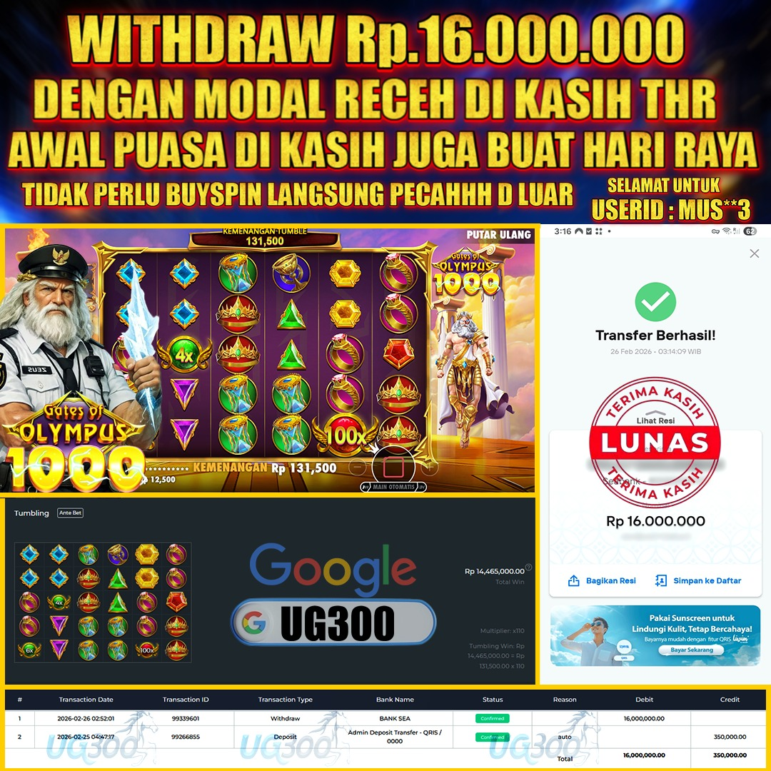 UG300 BERMAIN DI GATES OF OLYMPUS 1000 JACKPOT Rp.16,000,000- DI BAYAR TUNTAS